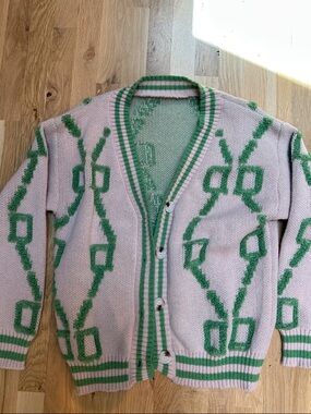 Pink Knit Cardigan with Green Geometric Pattern